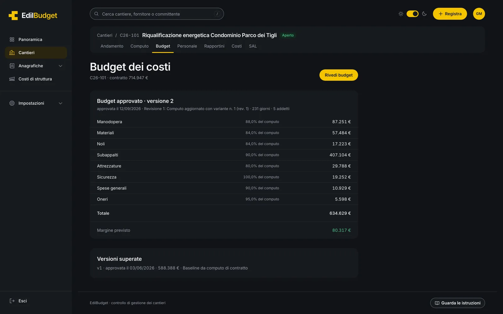 Budget dei costi approvato in EdilBudget, diviso per categoria, con la versione precedente ancora consultabile