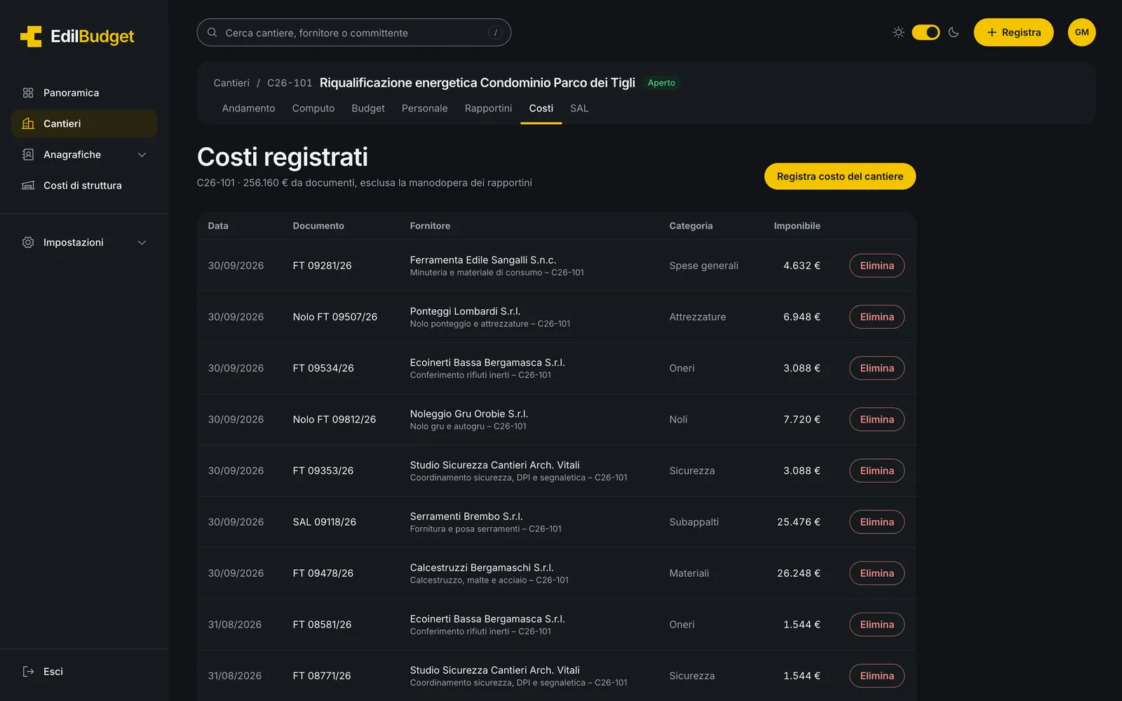 Costi registrati di un cantiere in EdilBudget con documento, fornitore, categoria e imponibile