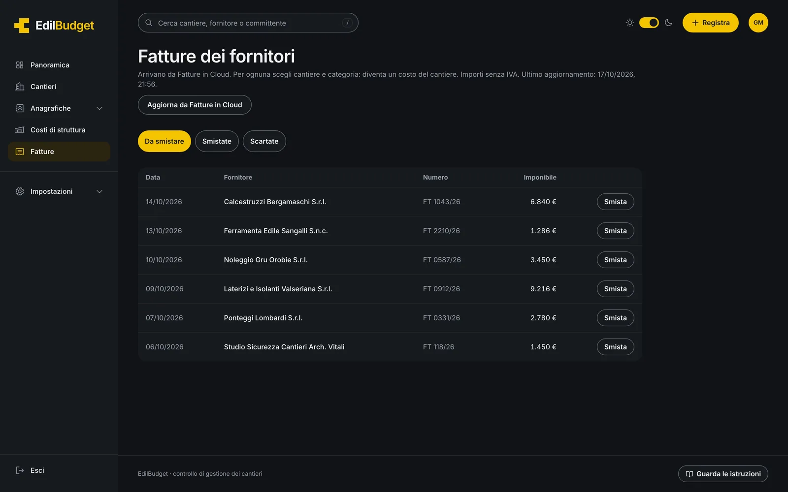 Fatture dei fornitori importate da Fatture in Cloud in EdilBudget, da assegnare al cantiere