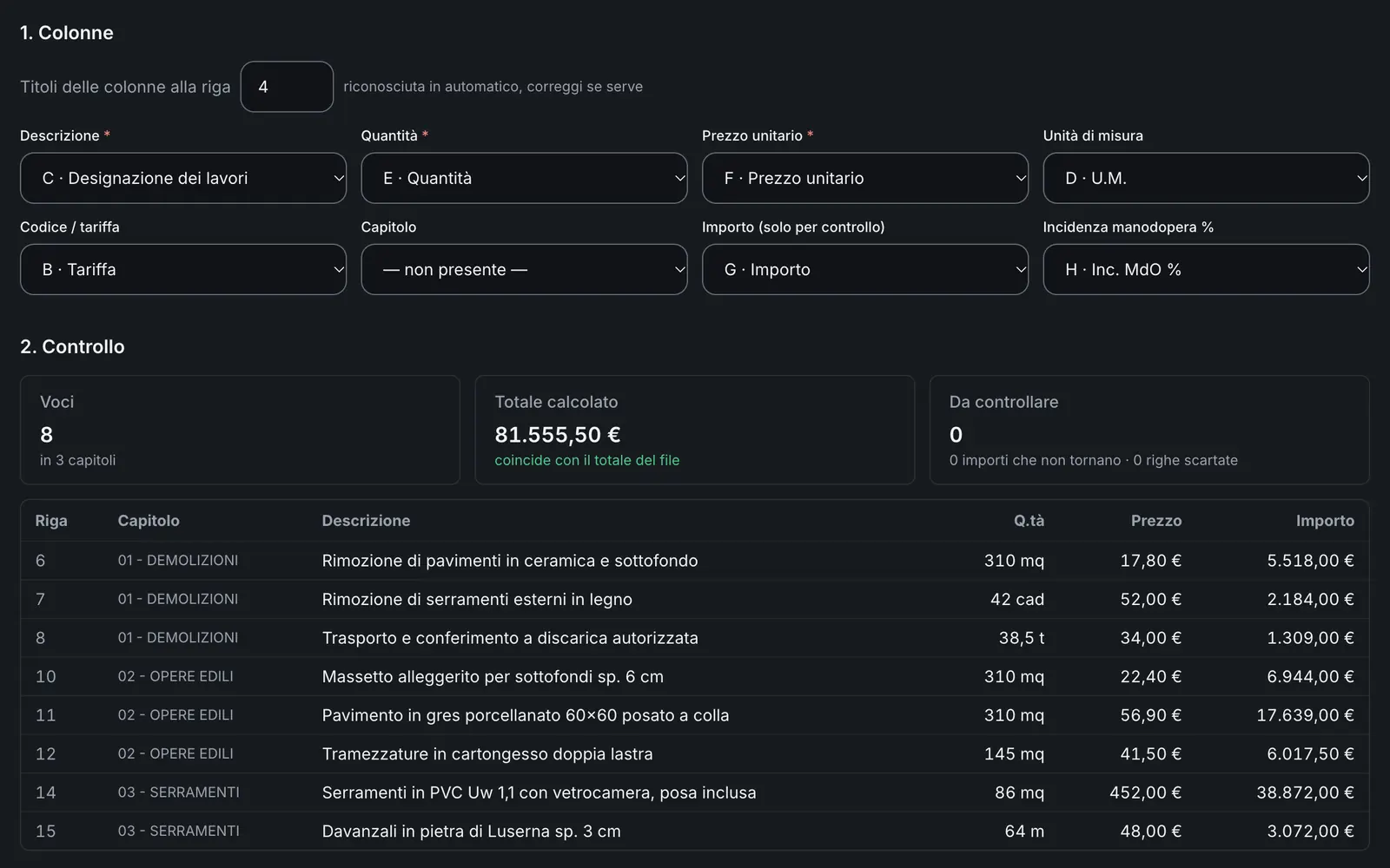 Importazione del computo da Excel in EdilBudget con le colonne riconosciute e il controllo del totale